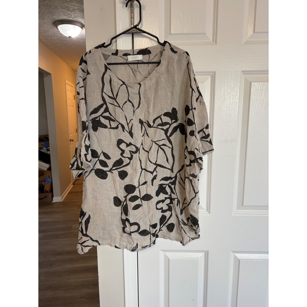 NOEN Women Beige Black Floral Linen Blend Tunic Top Plus Size US 20 EU 50